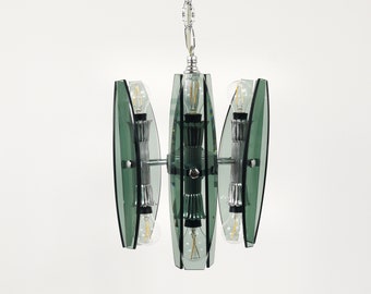 Fontana Arte Style Glass & Chrome Chandelier Pendant Light by Veca Murano, Italy 1970s