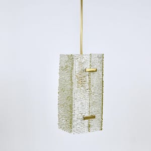 J.T. Kalmar Rectangular Textured Glass & Brass Chandelier Pendant Lamp, Austria, 1950s