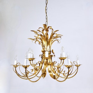 Hans Kögl XL Hollywood Regency Wheat Floral Bouquet Gilt Iron Chandelier, Germany, 1970s