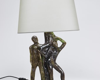 Sculptural Brutalist Art Table Lamp “Man and Woman by a Tree”, Ceramic, Italy, 1970s