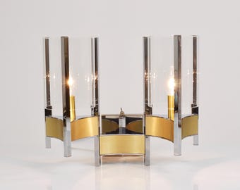 Gaetano Sciolari Pair Large Wall Lights / Sconces, Chrome, Brass, Glass, Italy, 1970s