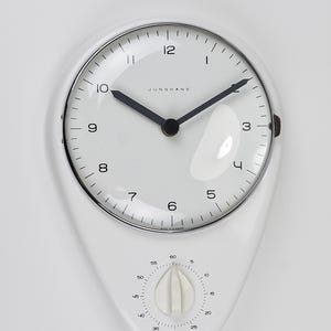 Max Bill White Wall Clock & Timer Mid-Century Modern, Junghans Germany, 1950s