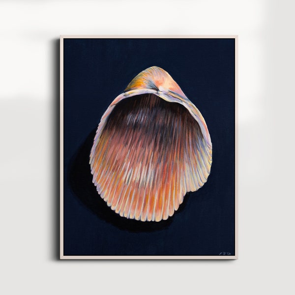 Cockle Shell Painting ART PRINT - beach house seashell wall art - original artist giclee print - pink navy blue acrylic nature still life