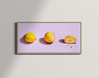 Squeezed Lemon Painting PRINT - Yellow & Purple Fruit still life - Premium Giclee Paper Print - three lemons original fine art print