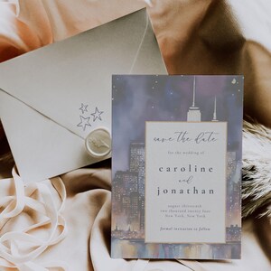 Plantilla para guardar la fecha con el horizonte de la ciudad de Nueva York, tarjeta de boda en acuarela de Nueva York, diseño editable, plantilla de Canva imprimible, estilo minimalista, 027A