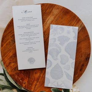 Plantilla de menú de boda náutica costera, menú de recepción de boda en la playa, menú editable e imprimible, temática de conchas y océano, boda DIY, 009A