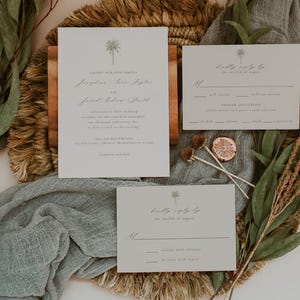 Tropisch elegante Palme Einladung Set, druckbare Hochzeitseinladung, blau grün, Boho Invite, Natur inspirierte Hochzeit, 011