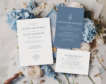 Seashell Wedding Invitation Suite: Minimalist Beach Design (Digital Download)