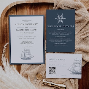 Marineblaue nautische Hochzeitseinladung, Vintage Nautische einladen, Boot-Skizze, QR-Code Antwort auf Postkarte mit Option, druckbares Set, 010A