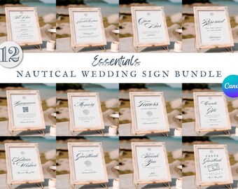 May include: Twelve printable nautical wedding signs in a bundle. The signs are in a rustic white frame with a blue and white design. The signs include "Open Bar", "Reserved", "Honeymoon", "In Memory", "Favors", "Cards & Gifts", "Advice & Wishes", "Guestbook", "Thank You", and "Photo Guestbook".