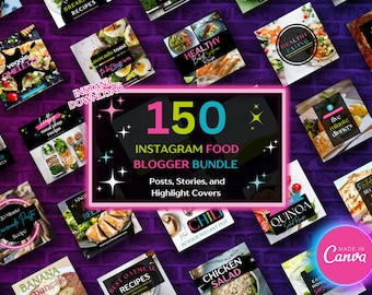 150 modèles rose fluo | Kit pour blogueurs culinaires Canva | Publications Instagram, histoires, faits saillants | Lot pour influenceurs sur les réseaux sociaux | Gourmet