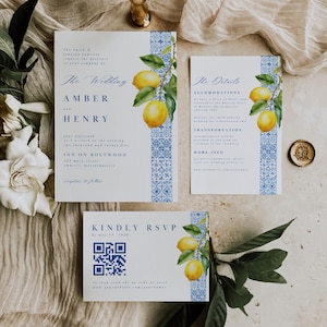 Blaue Fliesen und Zitrone Hochzeitseinladung, Mediterrane Hochzeitsvorlage, Bearbeitbares Italienisches Design, Sofort Download, Minimalistisch 029A