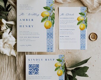 May include: Wedding invitation suite featuring a blue and white tiled border and watercolour lemon branches. The invitation includes the names Amber and Henry, the date and time of the wedding, the location, and RSVP details.