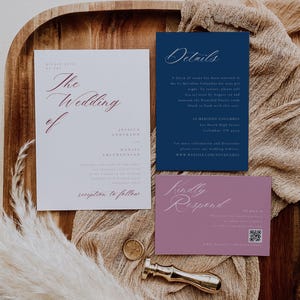 Conjunto de convites de casamento Blush & Sapphire Romance, cartão de detalhes personalizado, QR Code RSVP ou cartão postal, rosa minimalista e azul-marinho, para impressão, 014A