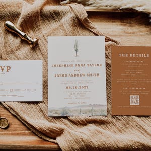Western Desert Wedding Invitation Suite w/ Watercolor Cactus, RSVP Card w/ QR Code & Postcard, Boho Rustic, Sage, Terracotta, Printable 24A