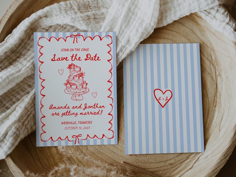 Cake Save the Date Template, Handdrawn Style Wedding Invite, Bows and