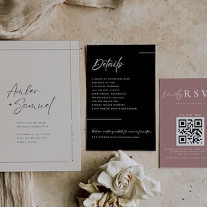 Elegante schwarze Krawatten-Hochzeits-Einladungs-Reihe; Design in Elfenbein, Mauve und Schwarz; Antwortkarte, Details & QR-Code; 3-teiliges Set, printable, boho 002D