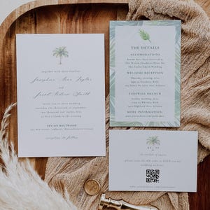 Tropical Palm Tree Wedding Invitation Suite, Elegant Minimalist Invite, Watercolor, Boho, Teal, RSVP w/ QR Code or Postcard, Printable, 011C