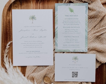 Può includere: Un set di inviti di nozze a tema tropicale. La carta di invito principale presenta un'illustrazione di palma e il testo "insieme alle loro famiglie Josephine Anne Taylor e Jared Andrew Smith". La carta dei dettagli presenta un motivo di foglie tropicali verdi e bianche e include informazioni sul soggiorno per il matrimonio, il ricevimento e il brunch di addio. La carta RSVP presenta un codice QR e il testo "RSVP entro il 15 agosto".