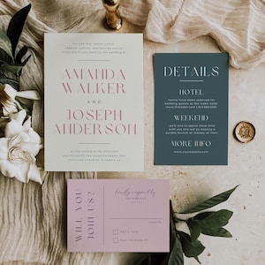 Chic Modern Wedding Invitation Set | White with Light Pink Accents and Emerald Green Details | RSVP Card with Postcard Back, 013D2