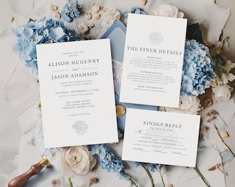 Seashell Wedding Invitation Suite: Minimalist Beach Design (Digital Download)