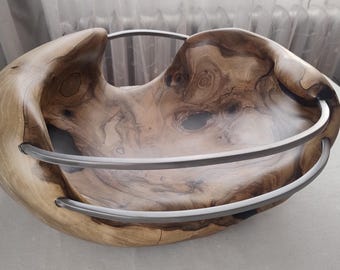Fruit basket, table decoration, large bowl, walnut, wood