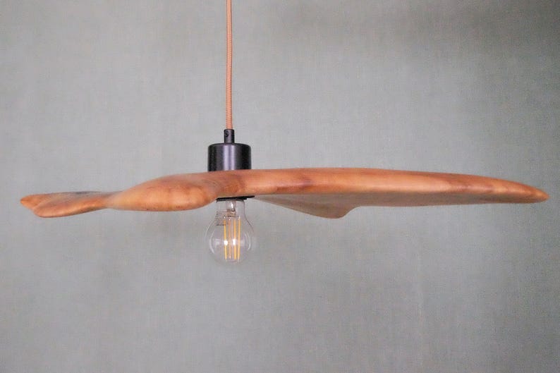 May include: A wooden pendant light fixture with a unique, organic shape. The light has a natural wood finish and a black metal fixture. The light bulb is visible and has a warm glow. The fixture hangs from a brown cord.