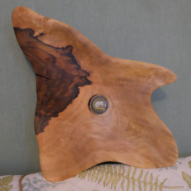 May include: A handcrafted wooden serving board with a unique, organic shape. The board features a natural wood grain pattern with dark brown and light brown tones. A small, circular, glass-covered element is embedded in the wood.