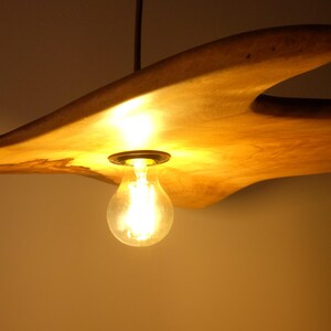 May include: A wooden, organic-shaped pendant light fixture with a warm, glowing light bulb. The fixture is made of light-colored wood and hangs from a dark cord. The bulb is a classic Edison style.