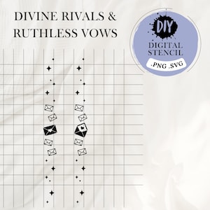 Puede incluir: Diseño de plantilla digital en blanco y negro con dos líneas verticales de sobres de correo con corazones y estrellas. El texto "DIVINE RIVALS & RUTHLESS VOWS" está en la parte superior de la imagen. El texto "DIY DIGITAL STENCIL .PNG .SVG" está en un círculo en la parte superior derecha de la imagen.