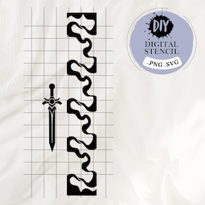 Peut inclure: Pochoir numérique noir et blanc avec un motif abstrait ondulé et une épée. Le motif est intitulé "DIY DIGITAL STENCIL .PNG .SVG".