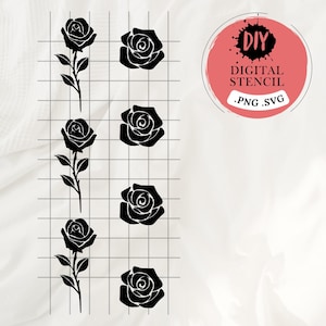 Puede incluir: Cinco imágenes en silueta negra de rosas, cada una con un diseño diferente. Las rosas están dispuestas en una columna vertical sobre un fondo blanco con un patrón de cuadrícula. El texto "DIY DIGITAL STENCIL .PNG .SVG" está en un círculo con un fondo rojo y salpicaduras negras.