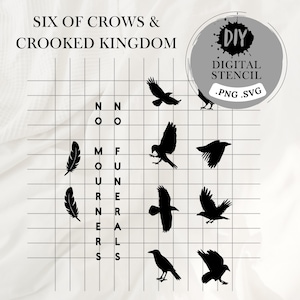 Peut inclure: Un motif de pochoir numérique avec des silhouettes de corbeaux et de plumes, avec les mots "Six of Crows & Crooked Kingdom" et "DIY Digital Stencil .PNG .SVG" en haut. Le motif est sur un fond quadrillé.