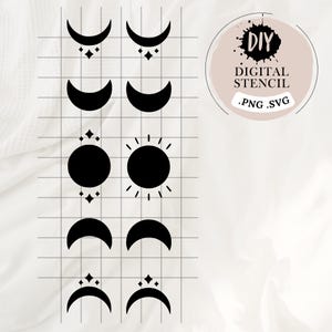 Może przedstawiać: Cyfrowy wzór szablonu przedstawiający zestaw dziewięciu czarno-białych ilustracji księżyca i słońca. Wzór zawiera rosnące księżyce, pełnie księżyca i słońce z promieniami. Tekst "DIY DIGITAL STENCIL .PNG .SVG" jest zawarty w obrazie.