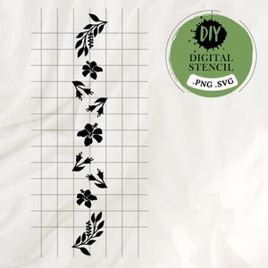 Puede incluir: Plantilla digital en blanco y negro de un diseño floral vertical con flores de hibisco y hojas. La plantilla está etiquetada como "DIY DIGITAL STENCIL .PNG .SVG".