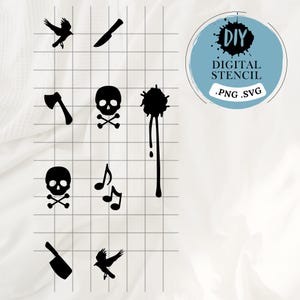 Peut inclure: Un motif de pochoir numérique représentant un crâne et des os croisés, un oiseau, une hache, un couteau, une note de musique et une éclaboussure de sang. Le motif est en noir et blanc et est intitulé "DIY DIGITAL STENCIL .PNG .SVG".