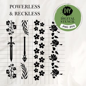 Peut inclure: Modèles de pochoirs numériques en noir et blanc pour l'artisanat. Les motifs comprennent une épée, une vigne, une feuille, une fleur et une fleur de lotus. Le texte "POWERLESS & RECKLESS" et "DIY DIGITAL STENCIL .PNG .SVG" sont également inclus.