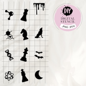 May include: A digital stencil sheet with 12 black and white images. The images include a molecule, a honeycomb, DNA, an atom, a chess king, a chess knight, a wolf, bats, and a crescent moon. The text "DIY DIGITAL STENCIL .PNG .SVG" is in a circle with a black splatter design.