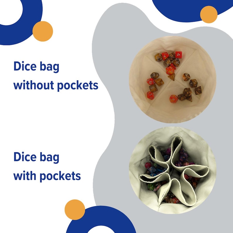 May include: Two dice bags are shown, one with pockets and one without. The top bag is open, displaying various dice in red, brown, and gold. The bottom bag is also open, revealing dice in shades of purple, blue, and green. Text on the left reads "Dice bag without pockets" and "Dice bag with pockets."