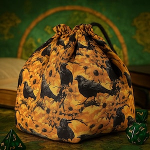Crow dice bag, nerdy gifts, large dice bag, gothic RPG pouch, tabletop dice storage, DnD dice holder, handmade gamer accessory