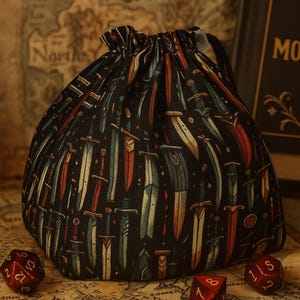 Swords dice bag, Board game bag, Handmade dice pouch, Fantasy dice case, RPG accessory, Tabletop organizer, Dice bag gift, Game night pouch