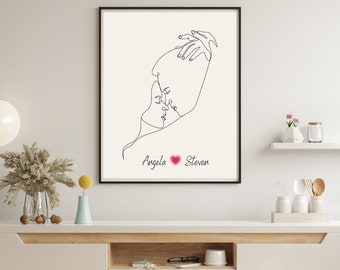 Dibujo de línea de pareja, arte de pared mínimo, arte de línea de mano, impresión de arte de pareja, regalo de aniversario, impresión de manos, decoración de pared con impresión de pareja, imprimible