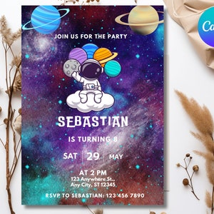 Convite de aniversário do espaço sideral, convite personalizado para meninos e meninas, festa de aniversário de astronauta, cartão editável de 5º aniversário, menino de quinto aniversário da NASA