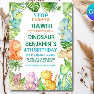 Modelo editável de convite de festa de aniversário de dinossauro, convite de aniversário de dinossauro, tag de agradecimento de dinossauro