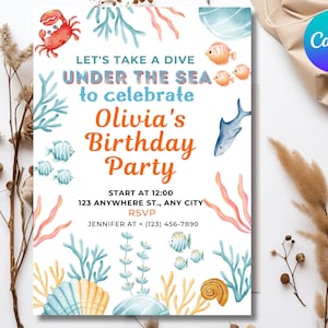 Editable Under The Sea Birthday Invitation, Editable Ocean Animals Party Invite Template, Editable Turtle Shark Starfish Birthday Invitation