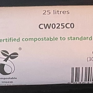 May include: A roll of 25-litre green compostable bin liners with a label that reads "Certified compostable to standard EN13432" and "Code: CW025C0 (320x572x590mm)".