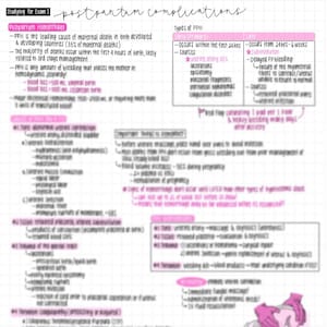 May include: A handwritten study guide on postpartum complications, featuring pink and black text on a grid background. Key topics include postpartum hemorrhage, its causes, and types. The guide includes diagrams and lists of important factors.