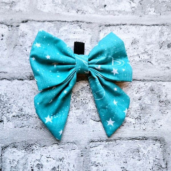 Dog Bow Tie, Sailor Bow, Teal Turquoise Stars and Moon,Over Collar pet Puppy gift, groomer, dog walker.