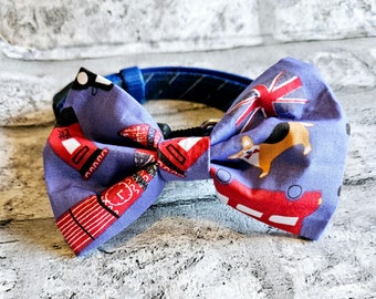 Dog Bow Tie, Sailor Bow , Accessory,Royal Blue London theme  Sailor , Elsatic on Collar, pet Puppy gift Red Bus Corgi