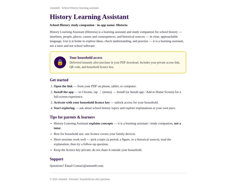 Asistente de aprendizaje de historia / Compañero de estudio de historia escolar / Acceso digital instantáneo / Licencia doméstica imagen 3
